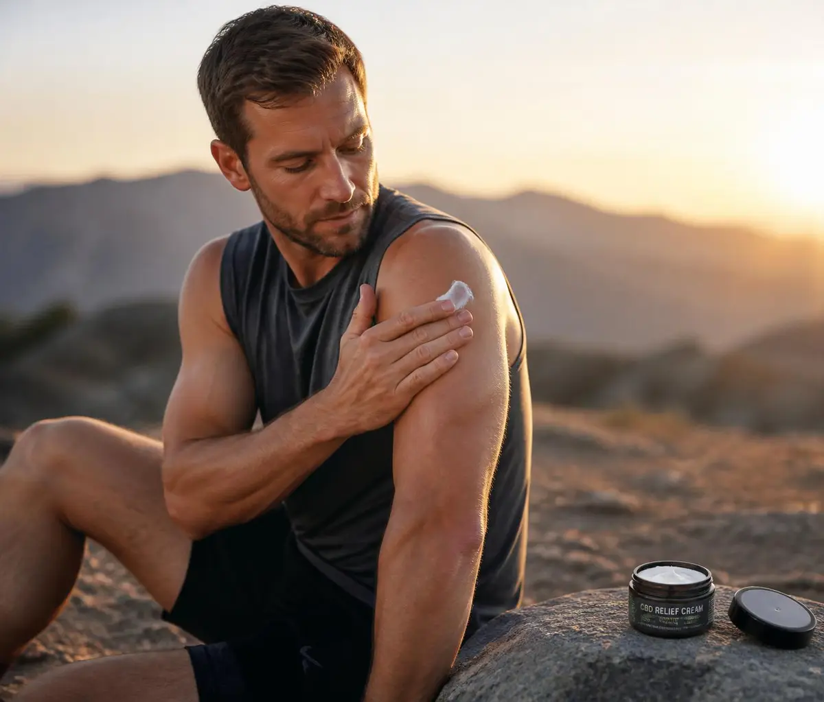Athletic man applying CBD pain relief balm outdoors at sunrise