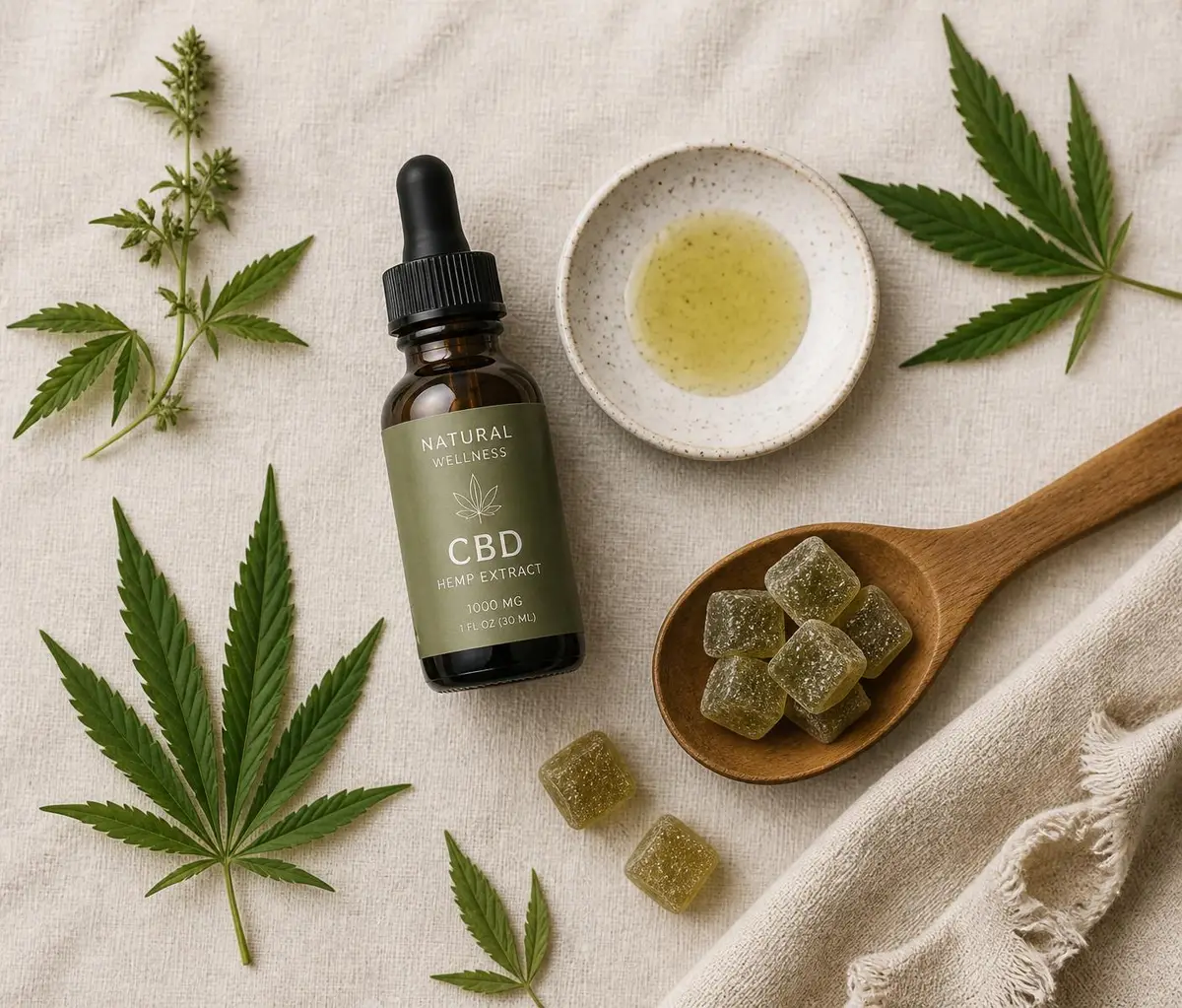 Overhead flatlay of hemp leaves and COA verified CBD products on linen