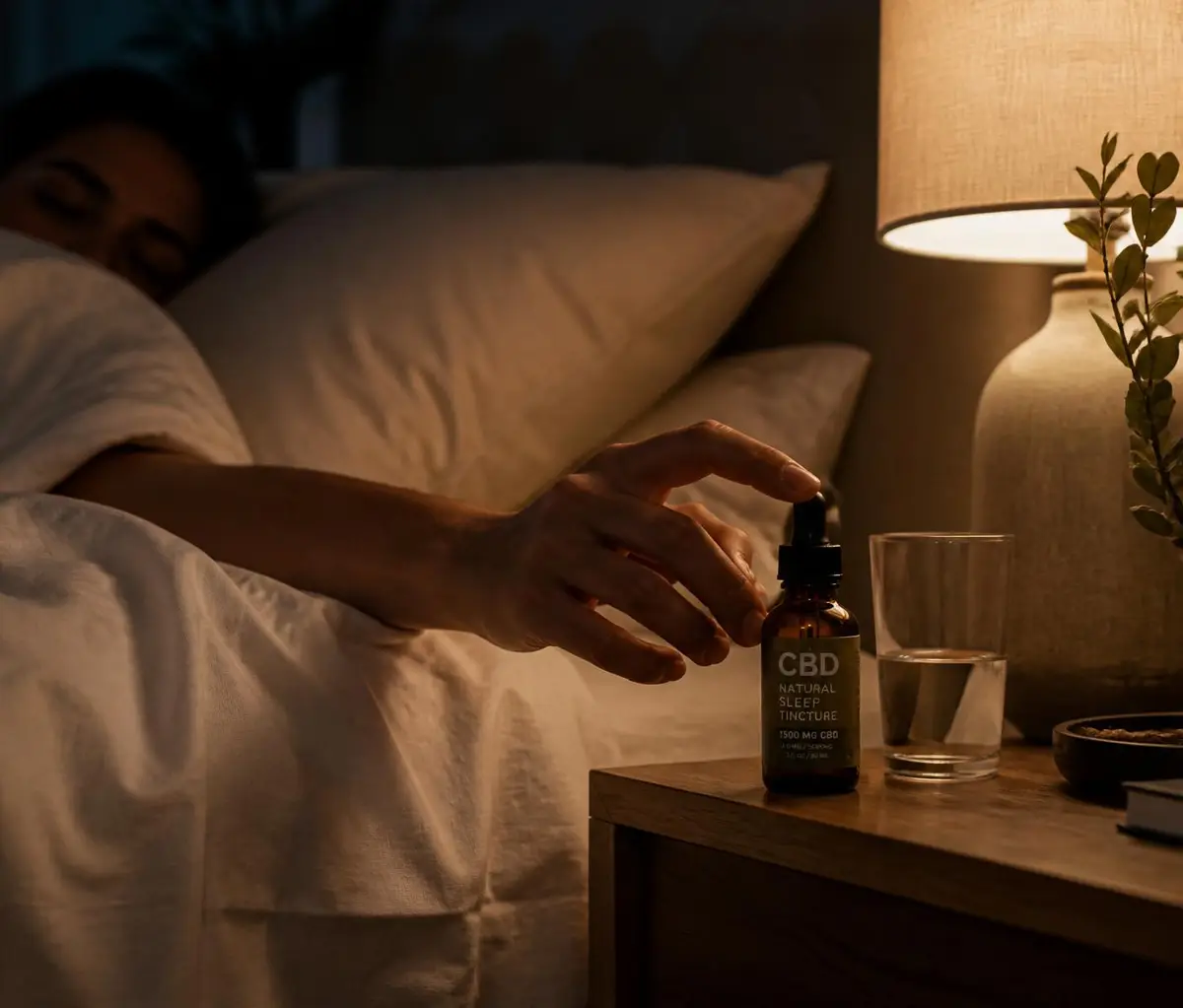 Person reaching for a broad spectrum CBD sleep aid tincture on a bedside table